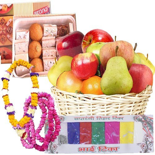 Mithai with Fruit Basket, Tihar Mala and Tika for Bhaitika