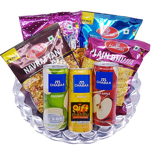 Savory Namkeens and Juice Can Snack Hamper Tray