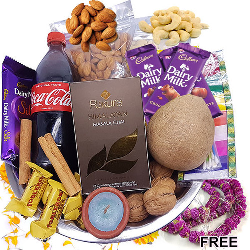 Bhaitika Gift Tray - Dry Nuts, Sweets, Tea, Coke, Tika (Free Makhamali Mala)