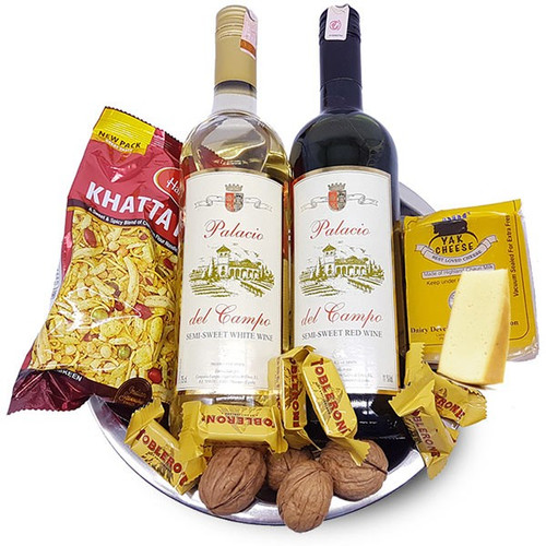 Red & White Sweet Wine, Cheese, Namkeen Gift