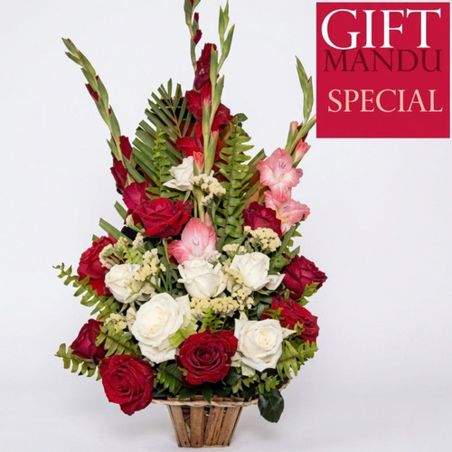 Love basket - Red and White Roses with Glads