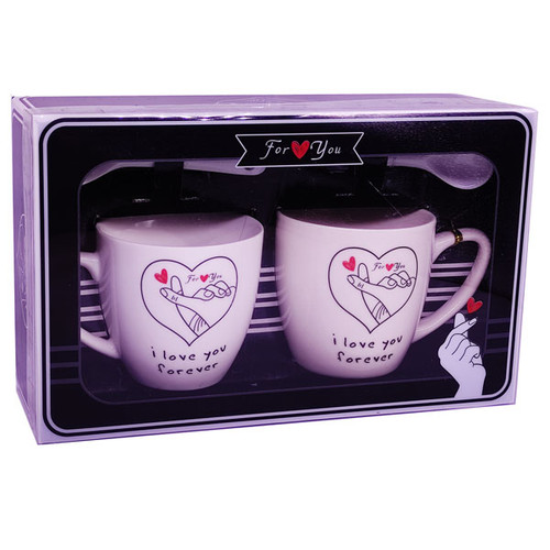 ''I Love You Forever'' Printed White Ceramic Couple Mug With Spoon (01)