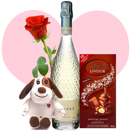 Calvet Celebrations Sparkling White Wine, Lindt Chocolate, Cutey Puppy and Free Rose