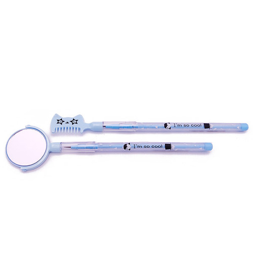 Set of 2 Lead Pencil with Mirror and Comb Cap - Blue