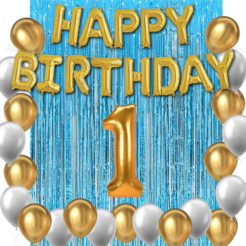 1 Year Birthday Decoration - Birthday Banner, Metallic Golden Silver Balloons, Blue Fringe Curtain, Number 1 Balloon