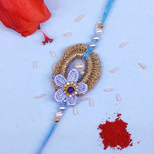 Embroidered Flower Design Blue Rakhi