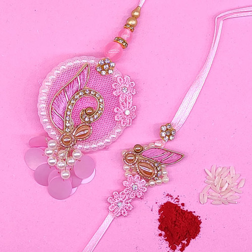 Stone and Pearls Emroidered Bhaiya Bhabhi Rakhi Set - Pink
