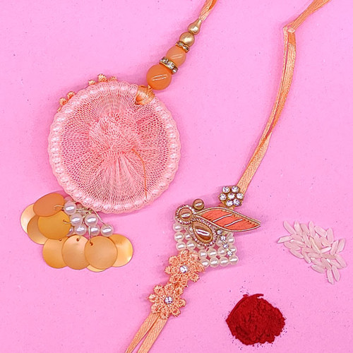 Emroidered Design Bhaiya Bhabhi Rakhi Set - Peach
