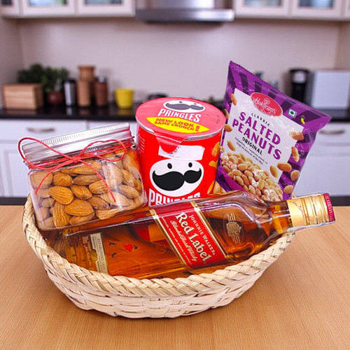 JW Red Label 200ml, Almond, Namkeen & Pringles Combo Basket
