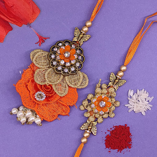 Orange Floral Embroidered Bhaiya Bhabhi Rakhi Set