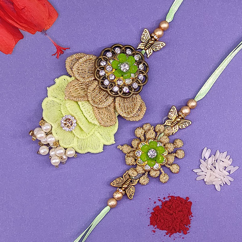 Green Floral Embroidered Bhaiya Bhabhi Rakhi Set