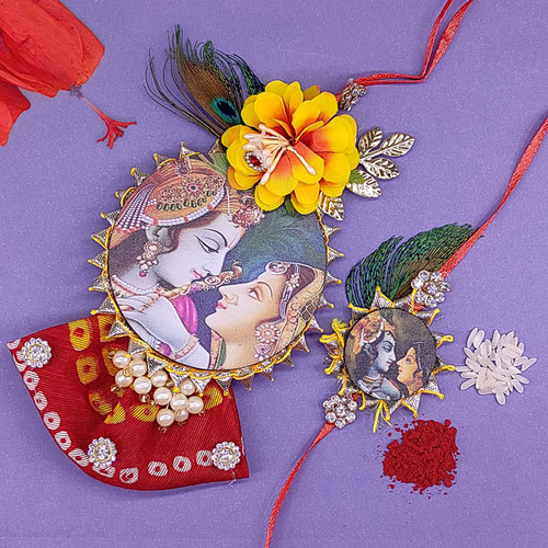 Special Radha Krishna Print Bhaiya Bhabhi Rakhi Set