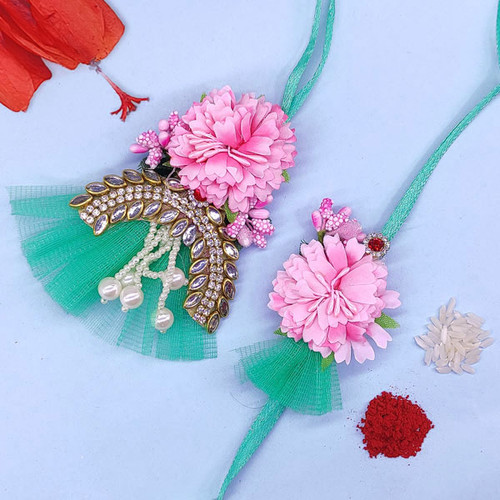 Green Net Floral Design Bhaiya Bhabhi Rakhi Set