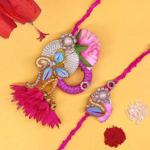 Adorable Pink Floral Bhaiya Bhabhi Pair Rakhi Set