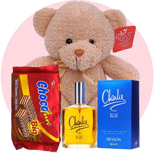 Cute Teddy Bear with Chocofun and Perfume Combo for Her