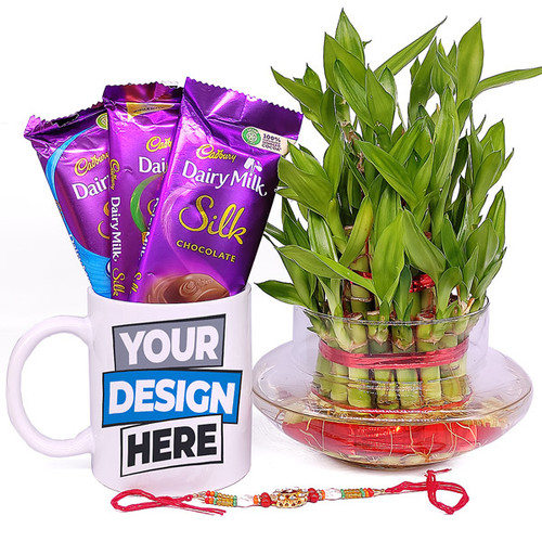 Rakhi with Bamboo Plant, Chocolates and Mug Print