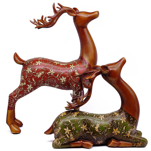 Set of 2 Wooden Long Horn Deer Showpiece