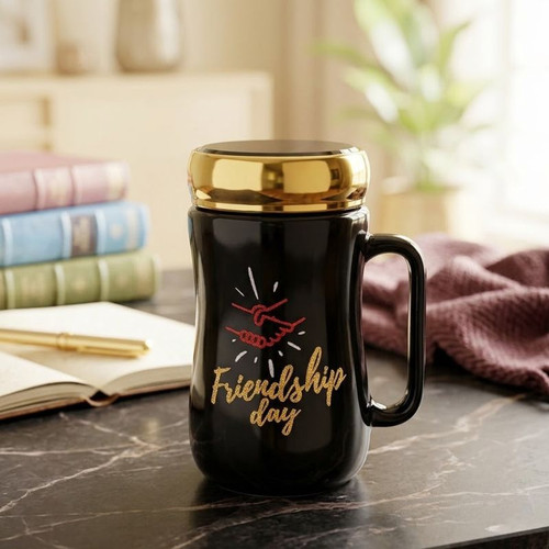 Friendship Day printed Black Ceramic Mug with Lid
