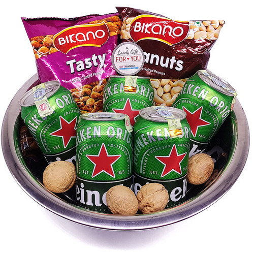 Namkeen And Heineken Beer Hamper In Stainless Steel Bowl Namkeen And Heineken Beer Hamper In Stainless Steel Bowl