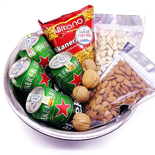 Dry Nuts, Namkeen And Beer Hamper In Stainless Steel Bowl
