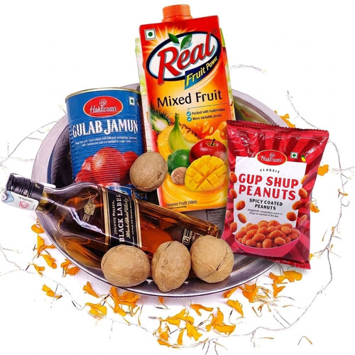 Juice, Snacks, Sweets And Black Label 200ml Hamper In Stainless Steel Bowl