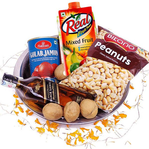 Juice, Snacks, Sweets And Black Label 200ml Hamper In Stainless Steel Bowl
