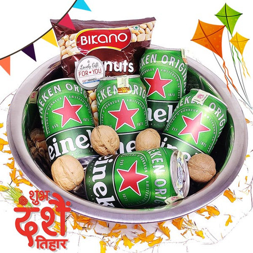 Stainless Steel Bowl Hamper With Heineken Beer And Peanuts