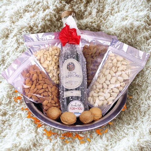 Stainless Steel Bowl Combo With Wine And Dry Nuts