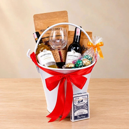 Celebrations Mini 2 Wines with Glass, Nuts, Chocolates Bucket Hamper