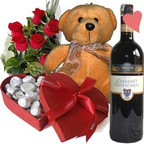 Teddy Bear, Chocolates Box, Roses & Wine