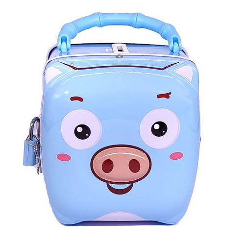 Cute Pig Bag Design Tin Coin Box for Kids (Blue)