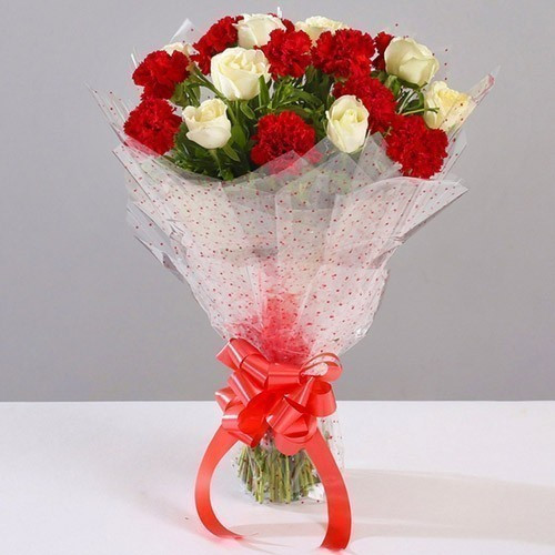 20 White Rose and Red carnation Bouquet