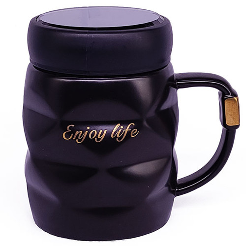 'Enjoy Life' Printed Black Ceramic Coffee Mug with Lid