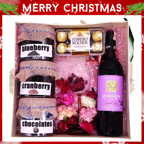 Ferrero Rocher, Dried Fruits, Chocolates, Wine with Flower Decor - Free Wine Glass