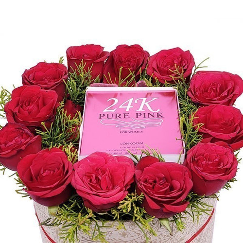 12 Fresh Red Roses Arrangement in a Flower Box with Perfume For Her