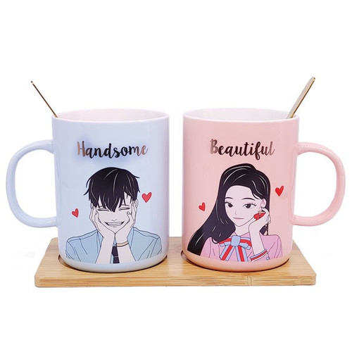 ''Love'' Printed Red Ceramic Couple Mug With Spoon (01)