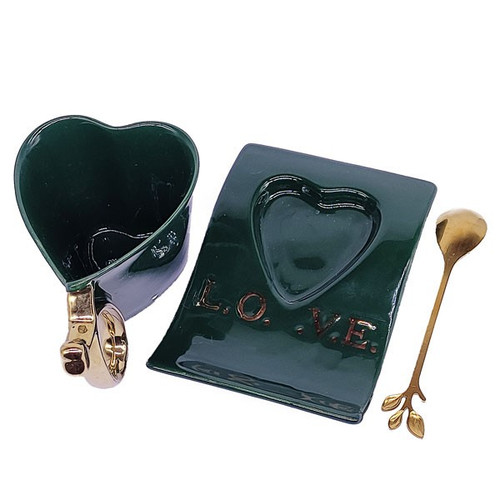Heart Shape Ceramic Love Coffee Mug with Spoon + Tray