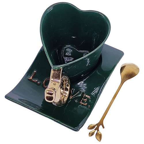 Heart Shape Ceramic Love Coffee Mug with Spoon + Tray