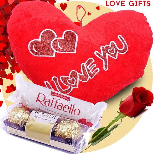 Premium Chocolates, Love Heart Cushion & Rose