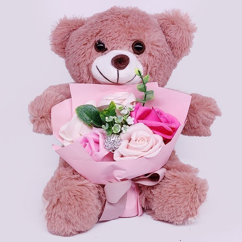 Small Size Teddy With Artificial Roses Bouquet