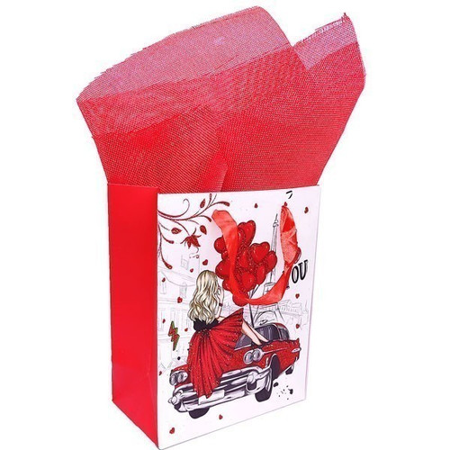 Girl Sitting on a Car Design Red Heart Paper Bag (1-3 Items)