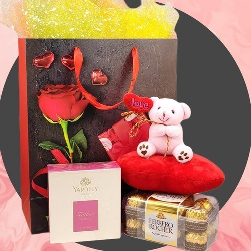 Love Valentine Combo Gift of Teddy, Perfume and Ferrero Rocher