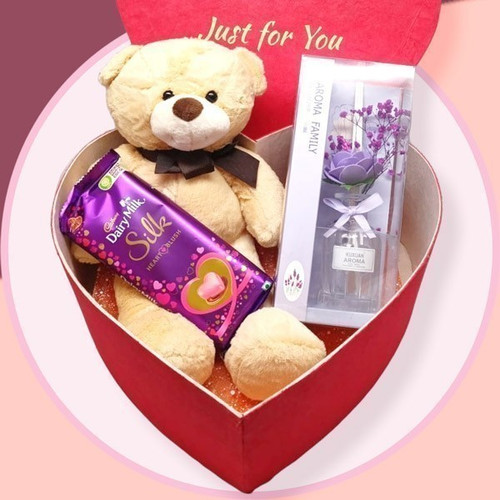 Heart Blush Chocolate, Teddy Bear and Diffuser Combo Gift