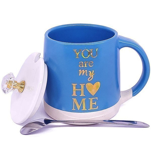 Ceramic Coffee Mug With Lid & Steel Spoon (Light Blue)