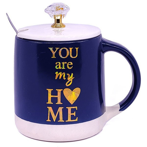 Ceramic Coffee Mug With Lid & Steel Spoon (Denim Blue)
