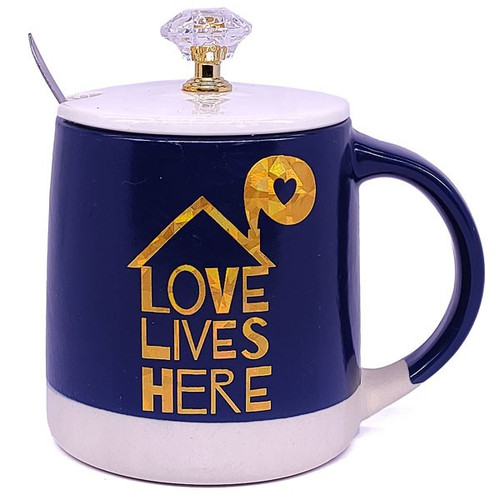 'Love Lives Here' Printed Ceramic Coffee Mug With Lid & Steel Spoon