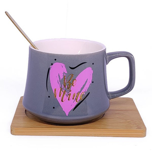Ceramic Coffee Mug With Spoon & Wooden Saucer (Grey)