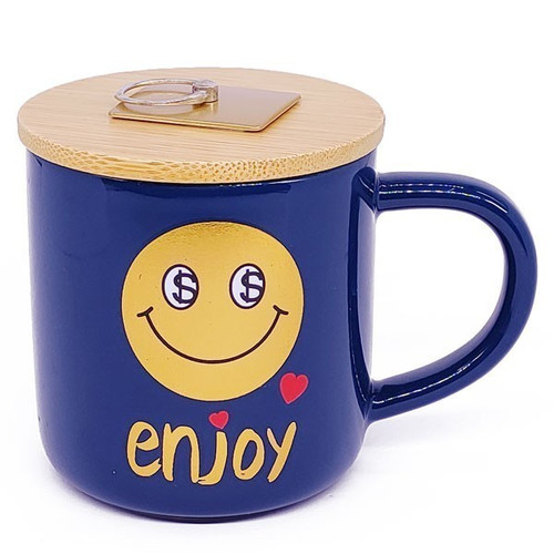 'Enjoy Emoji' Printed Ceramic Mug With Wooden Lid
