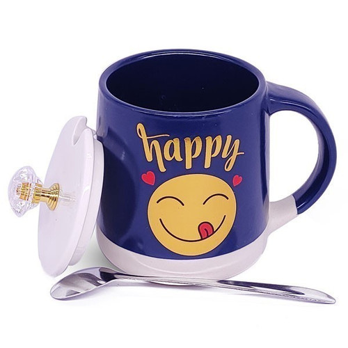 Berry Blue Ceramic Coffee Mug With Lid & Steel Spoon