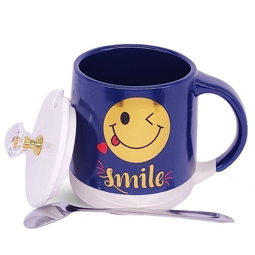 Ceramic Smile Emoji Printed Coffee Mug With Lid & Spoon